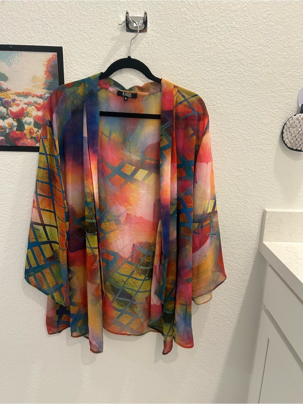Lior Multicolor Sheer Abstract Open-Front Kimono Jacket XL